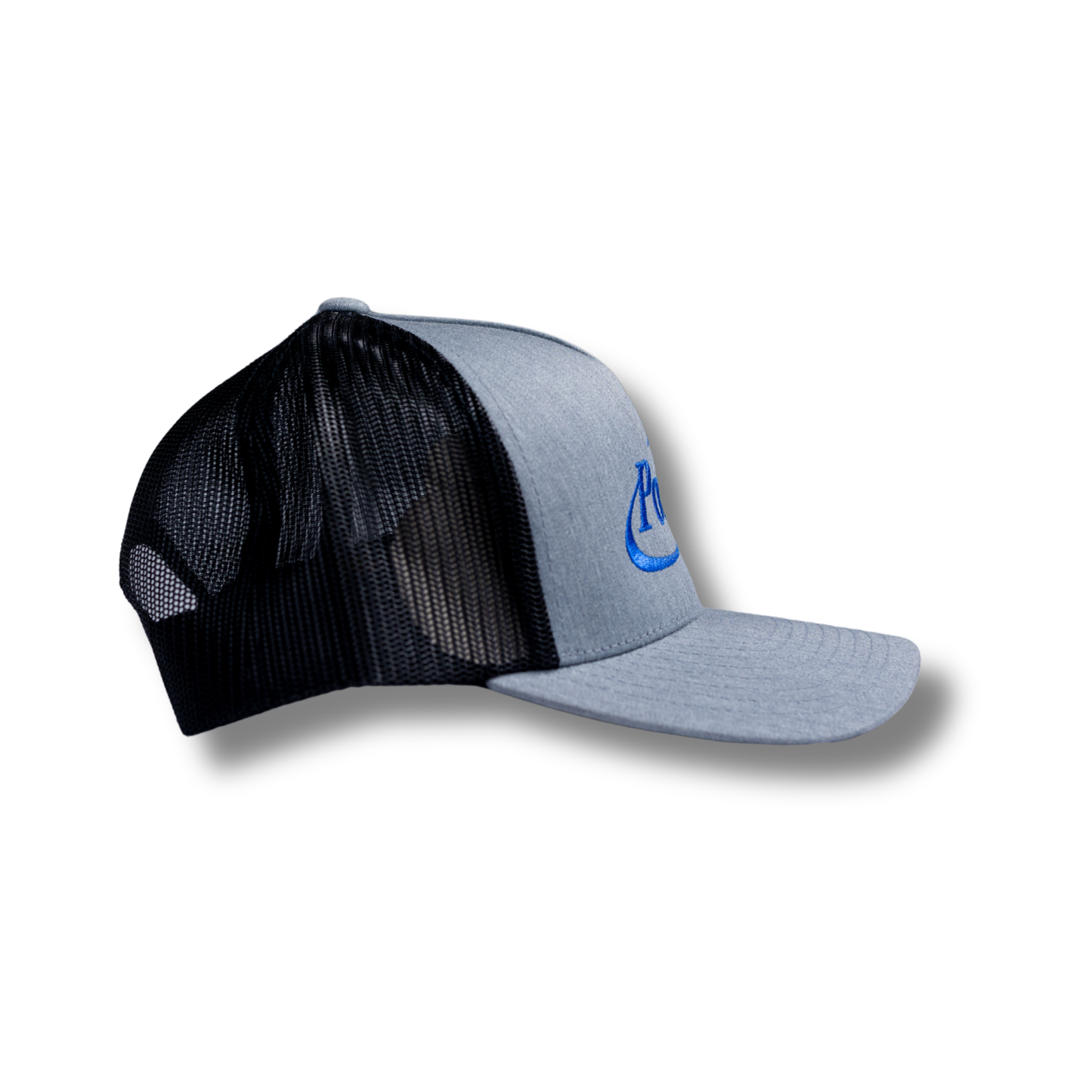 5-Panel Classic Trucker Cap | Heather & Black | Large Cobalt Blue Logo