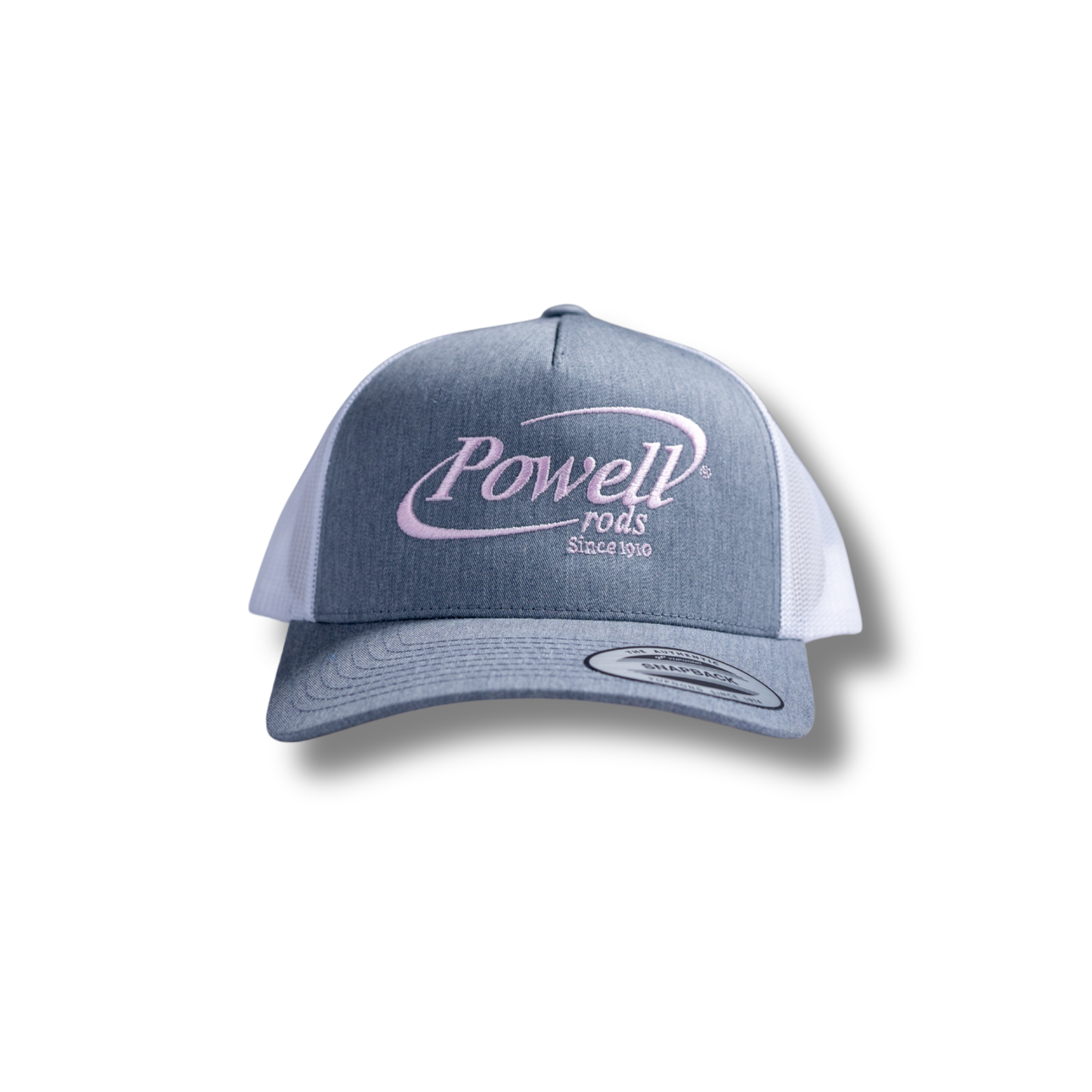 5-Panel Classic Trucker Cap | Heather & White | Large Light Pink Logo