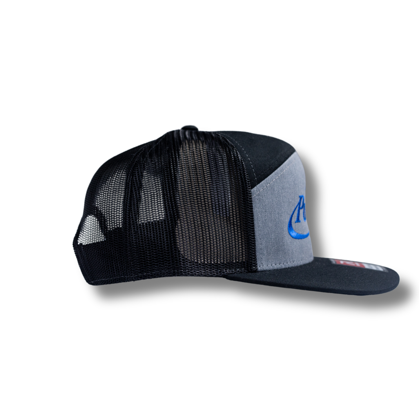 The 168, 7 Panel Trucker Cap | Heather & Black | Large Cobalt Blue Logo