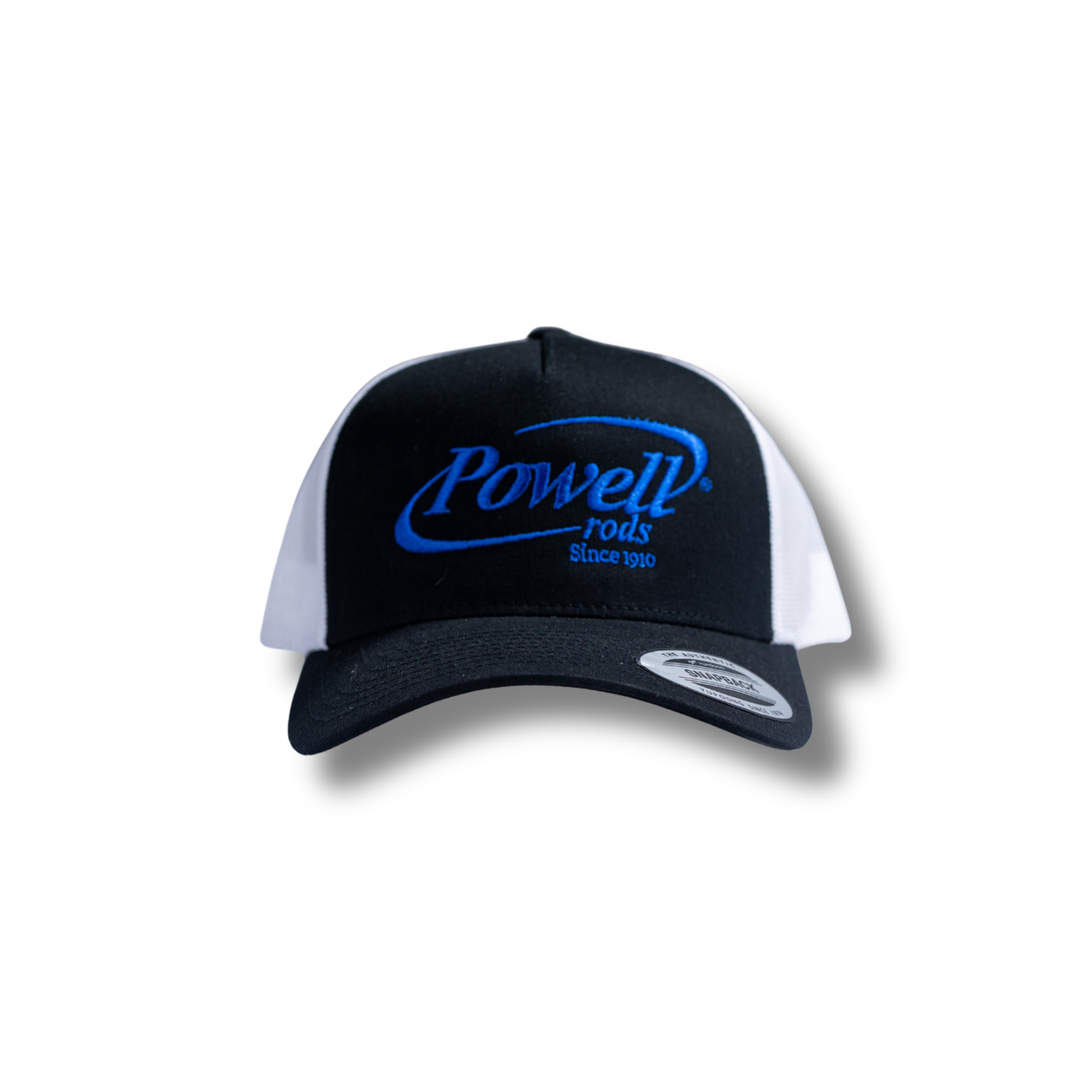 5-Panel Classic Trucker Cap | Black & White | Large Cobalt Blue Logo