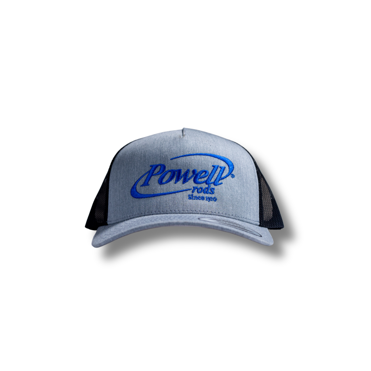 5-Panel Classic Trucker Cap | Heather & Black | Large Cobalt Blue Logo
