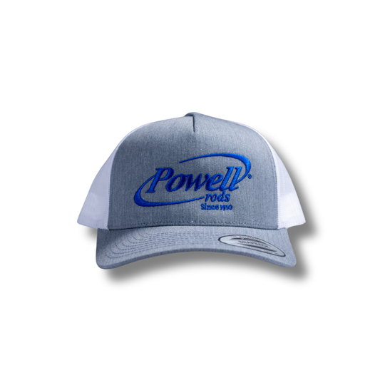 5-Panel Classic Trucker Cap | Heather & White | Large Cobalt Blue Logo