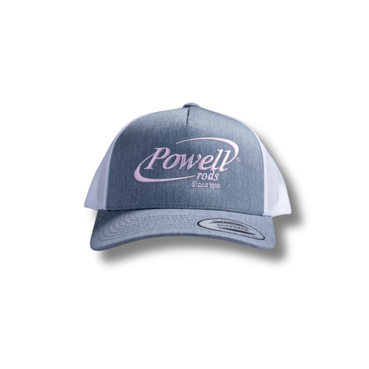 5-Panel Classic Trucker Cap | Heather & White | Large Light Pink Logo