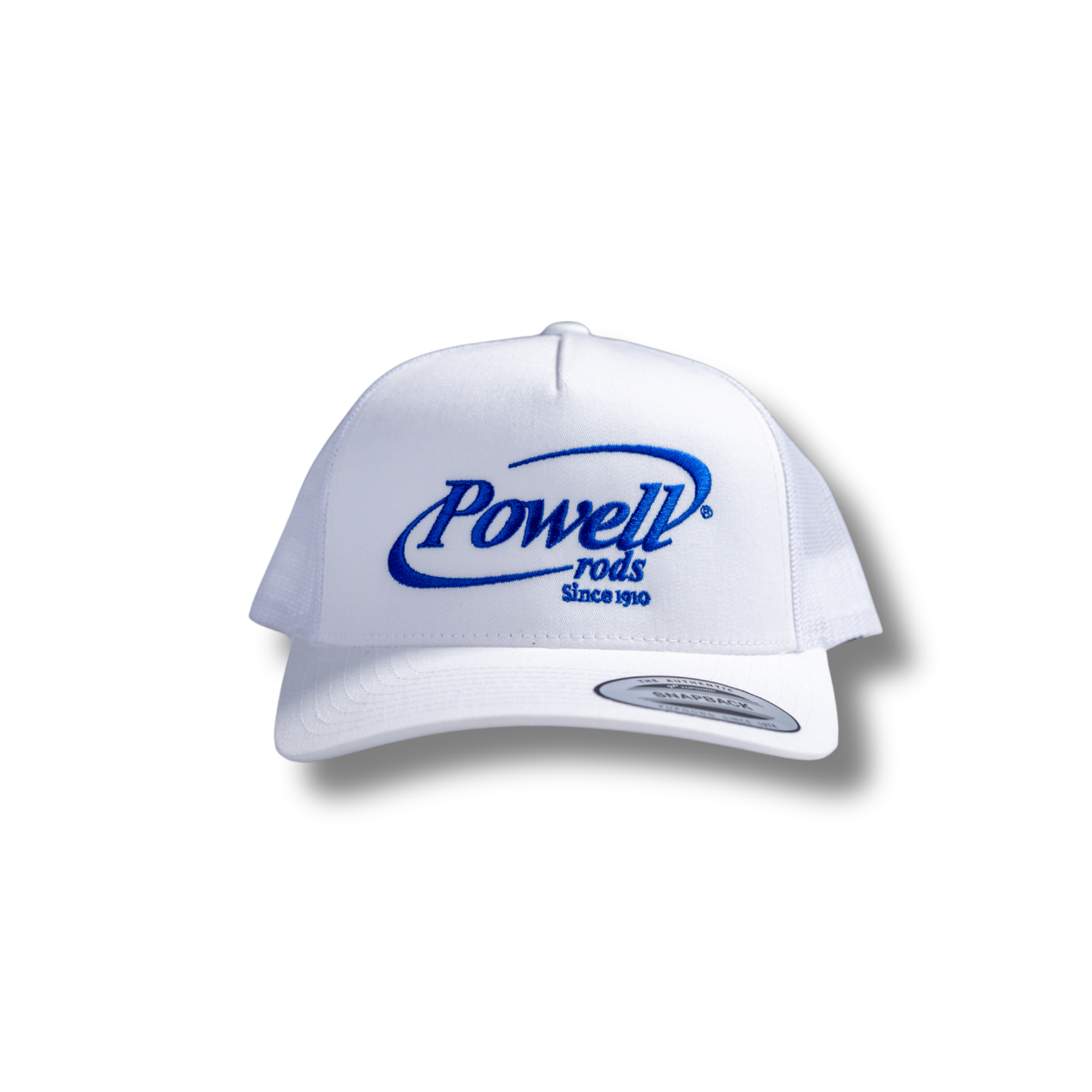 5-Panel Classic Trucker Cap | White | Large Cobalt Blue Logo