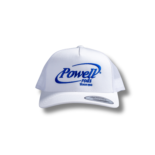 5-Panel Classic Trucker Cap | White | Large Cobalt Blue Logo