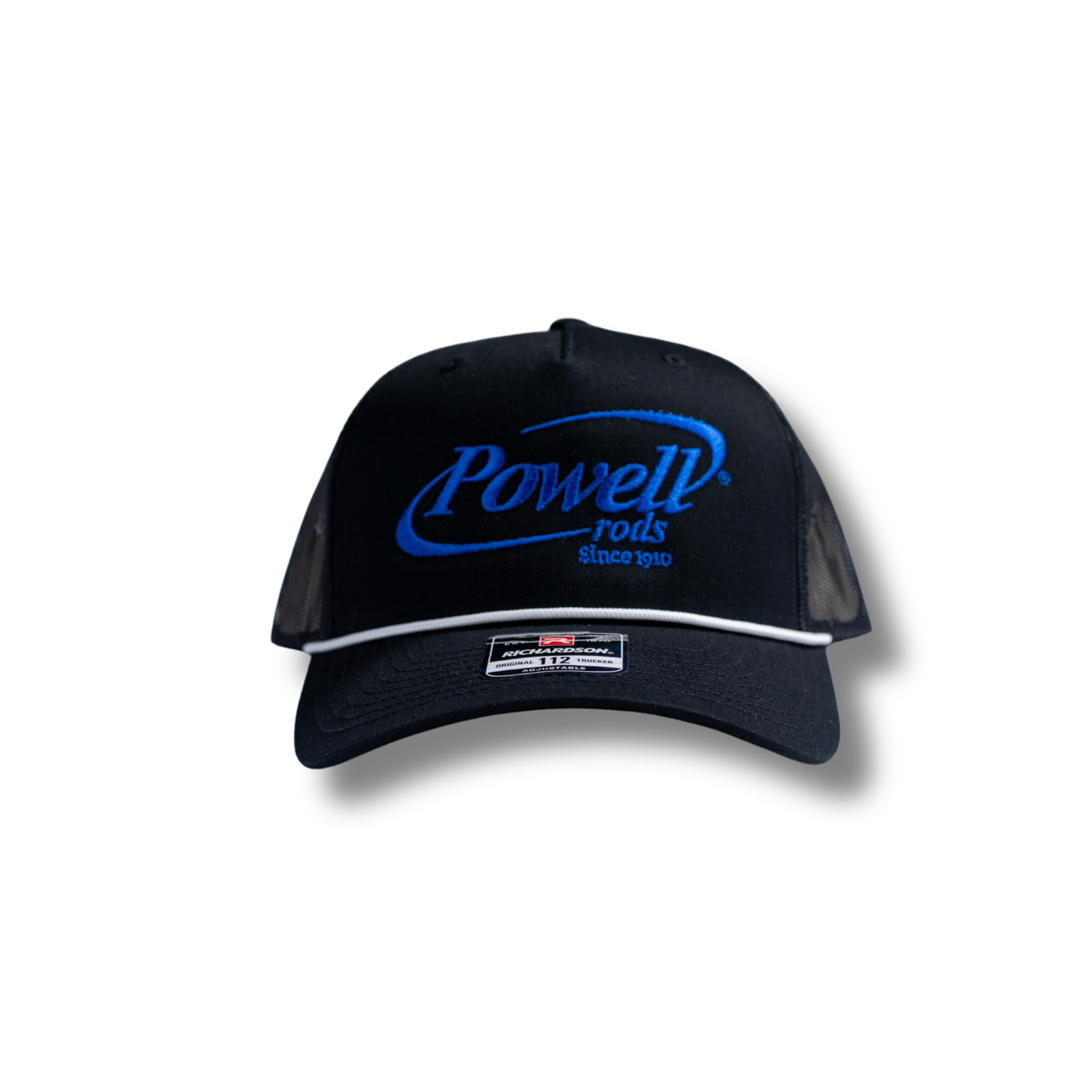 The 112, 5 Panel Trucker Cap with White Rope | Black | Large Cobalt Blue Logo