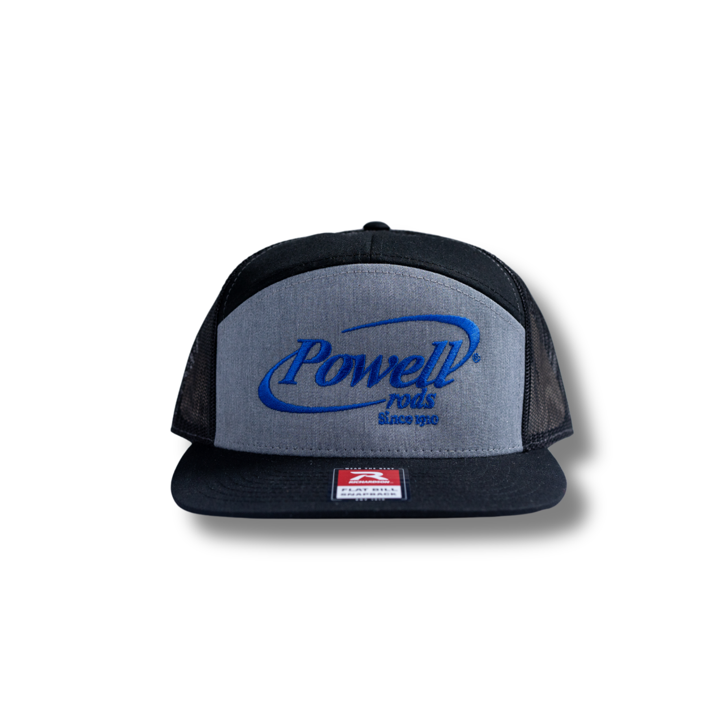 The 168, 7 Panel Trucker Cap | Heather & Black | Large Cobalt Blue Logo
