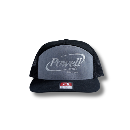 The 168, 7 Panel Trucker Cap | Heather & Black | Large Grey Logo